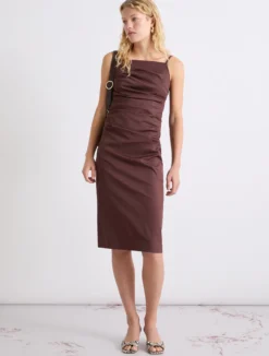 Abito a tubino in popeline stretch - MARRONE