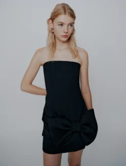 Abito bustier in envers satin con fiocco - NERO