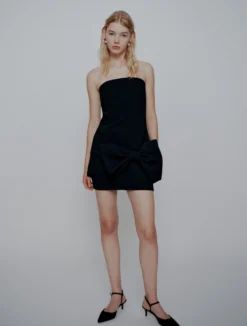 Abito bustier in envers satin con fiocco - NERO