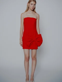 Abito bustier in envers satin con fiocco - ROSSO