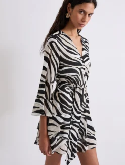 Abito con balze in georgette di viscosa - NERO