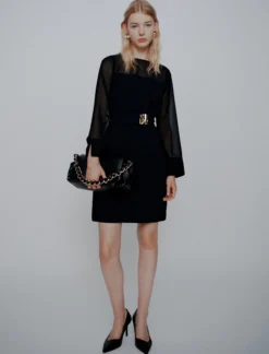 Abito con cintura in envers satin e georgette - NERO