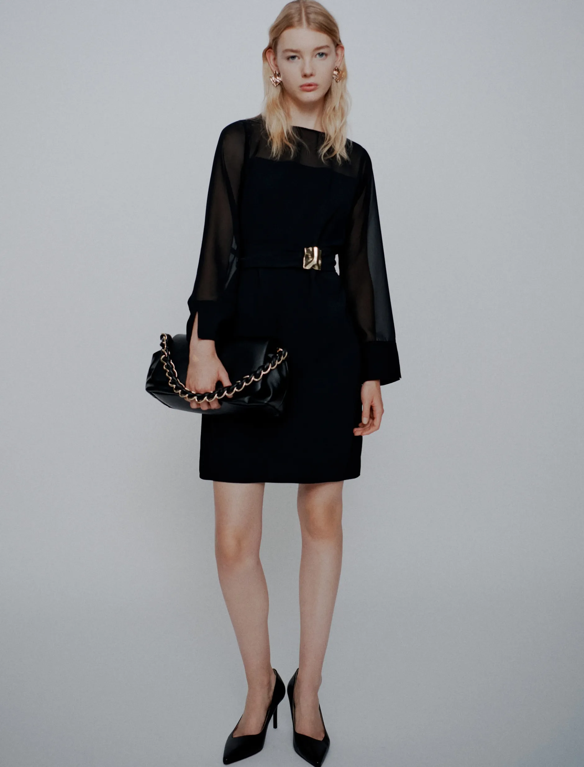 Abito con cintura in envers satin e georgette - NERO
