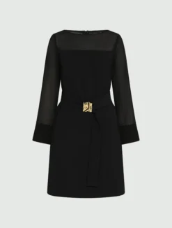 Abito con cintura in envers satin e georgette - NERO
