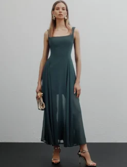 Abito fit and flare in georgette - BLU PAVONE