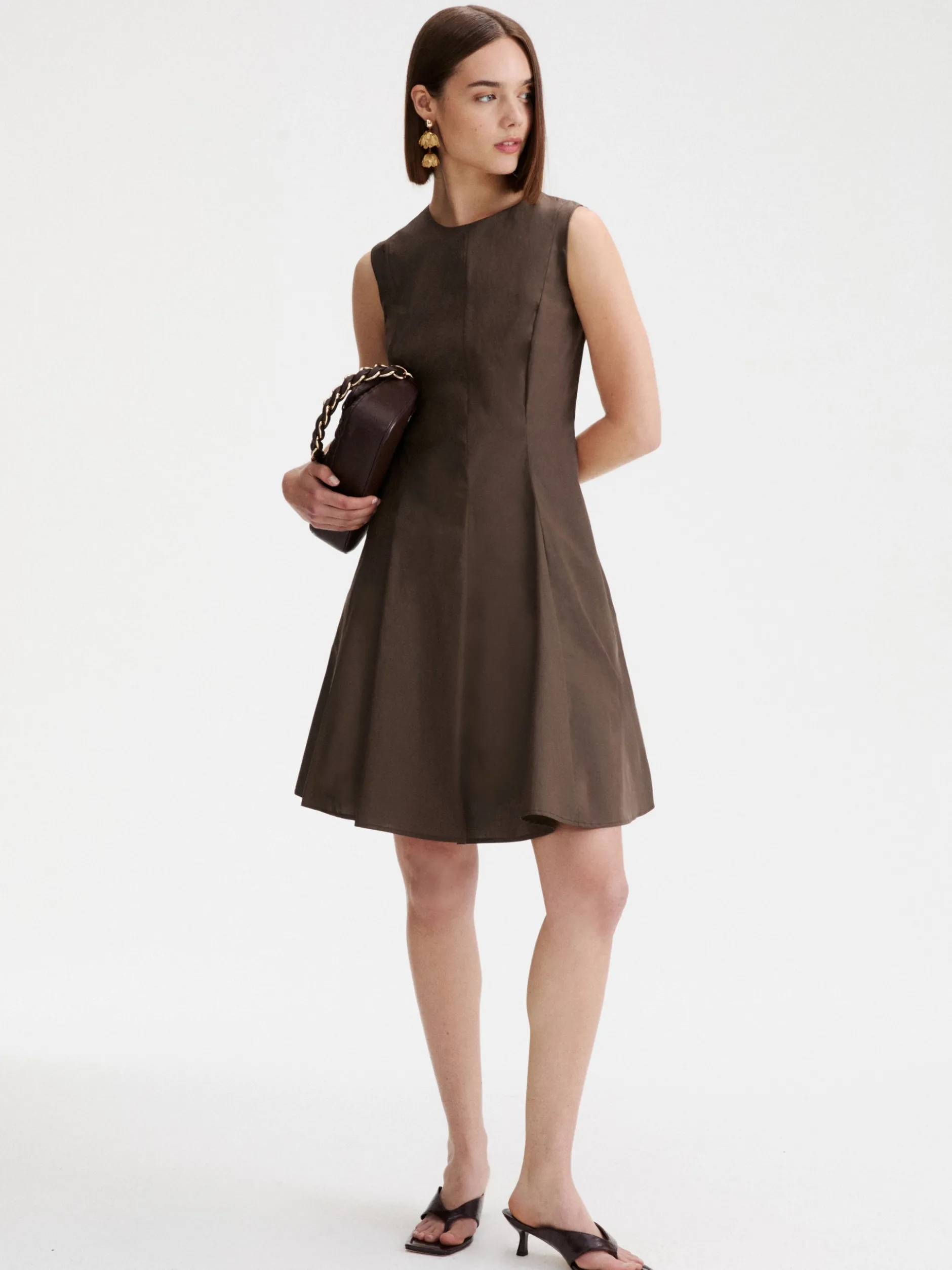 Abito fit and flare in popeline - MARRONE