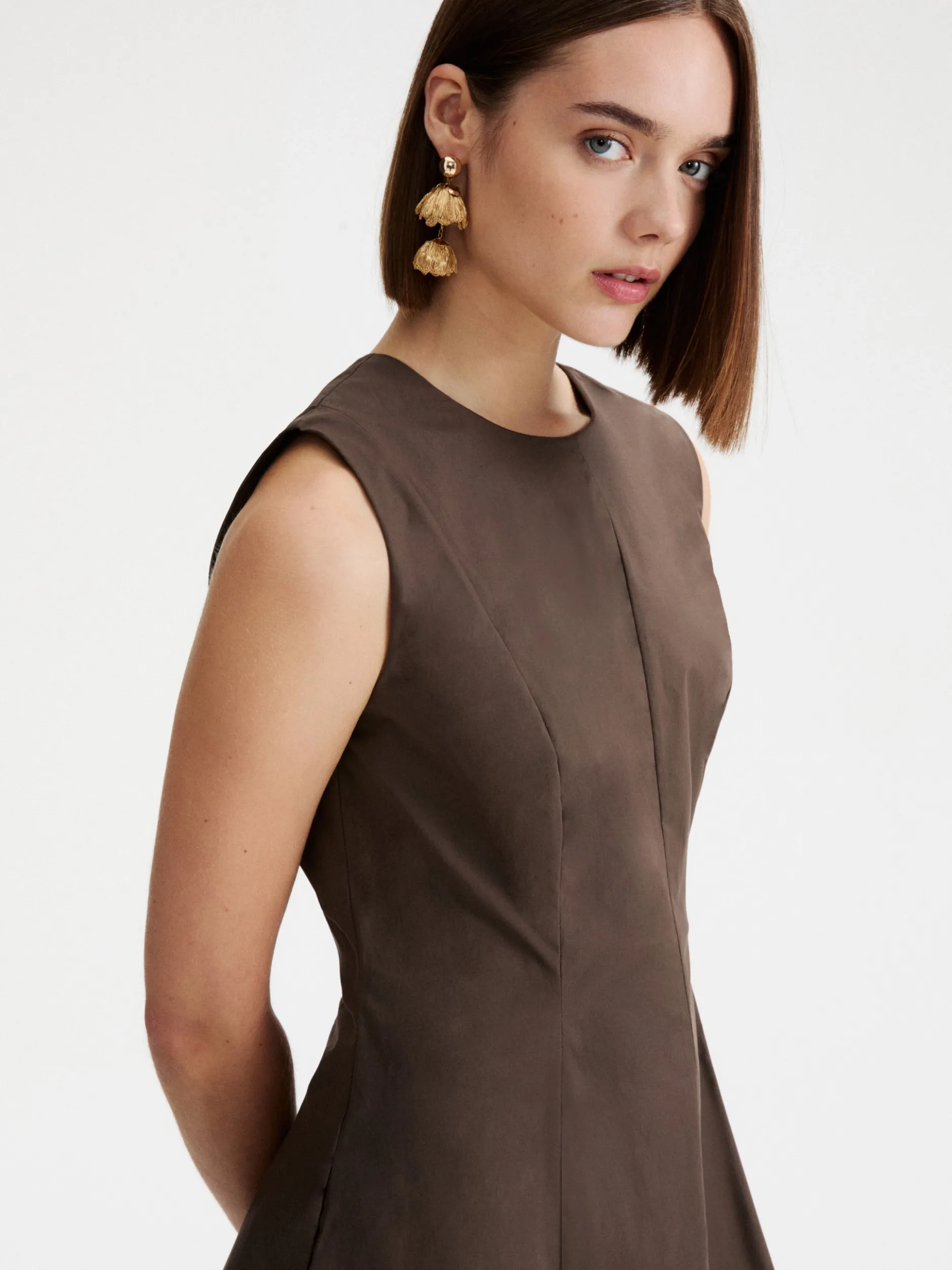 Abito fit and flare in popeline - MARRONE