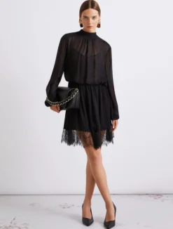 Abito in georgette e pizzo - NERO