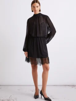 Abito in georgette e pizzo - NERO