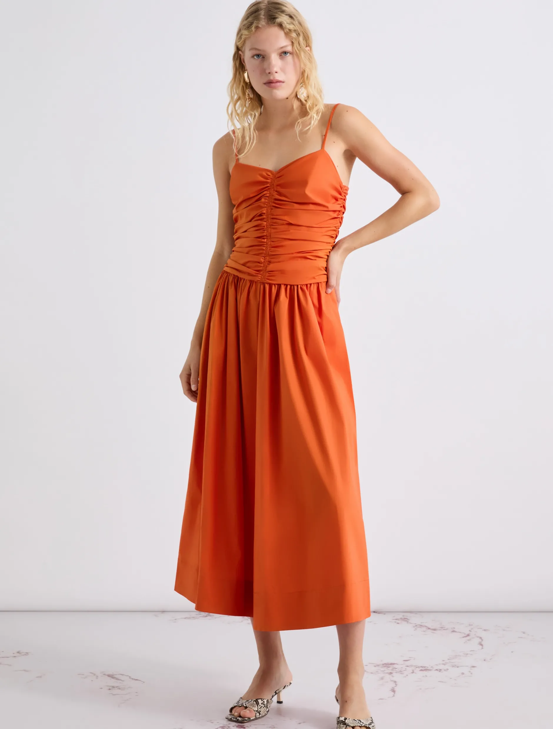 Abito in popeline con linea fit and flare - ARANCIO