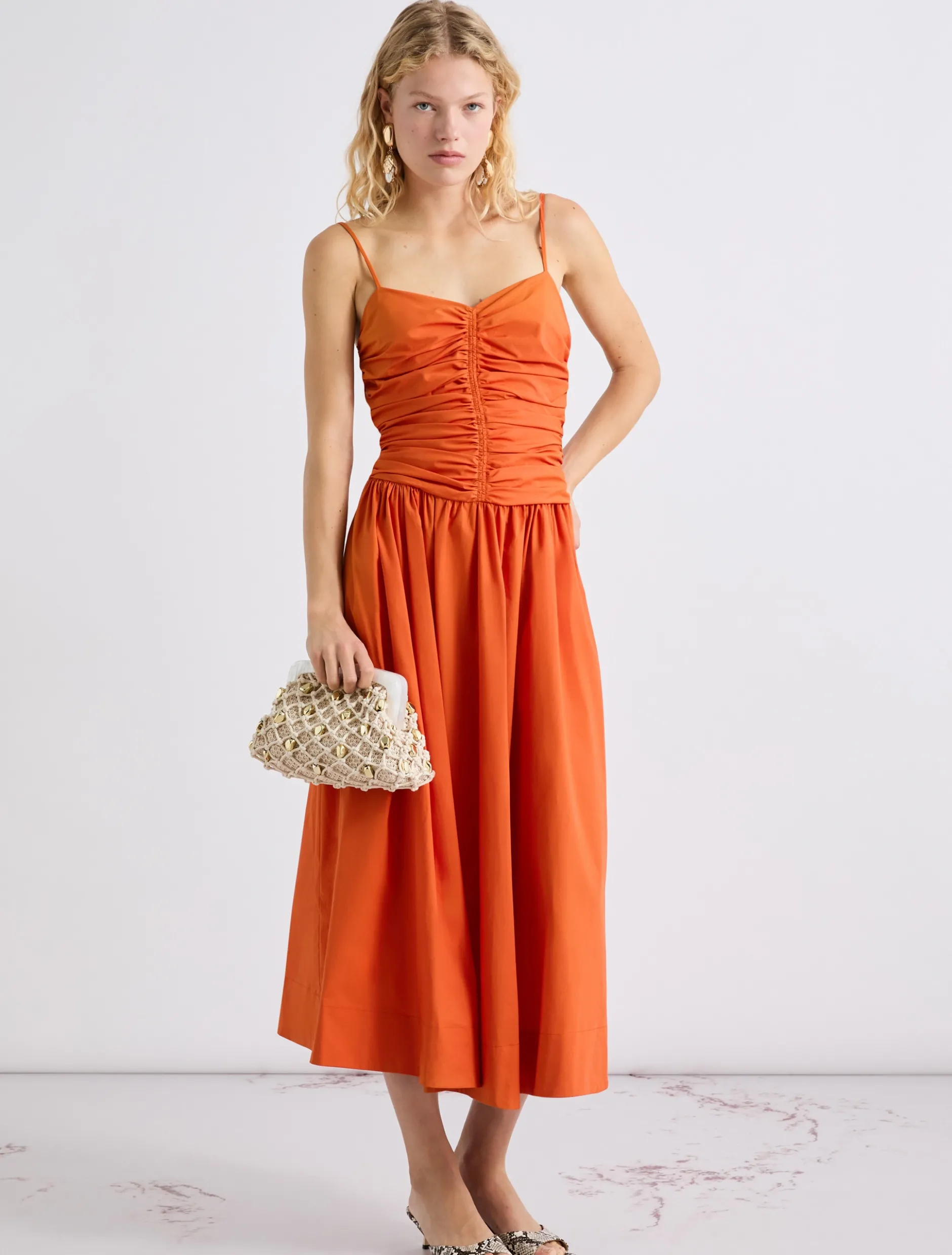 Abito in popeline con linea fit and flare - ARANCIO