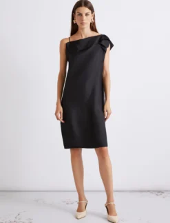 Abito in twill di seta con scollo asimmetrico - NERO