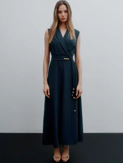 Abito smanicato in envers satin - BLU PAVONE