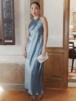 Abito smanicato in raso - AZZURRO POLVERE