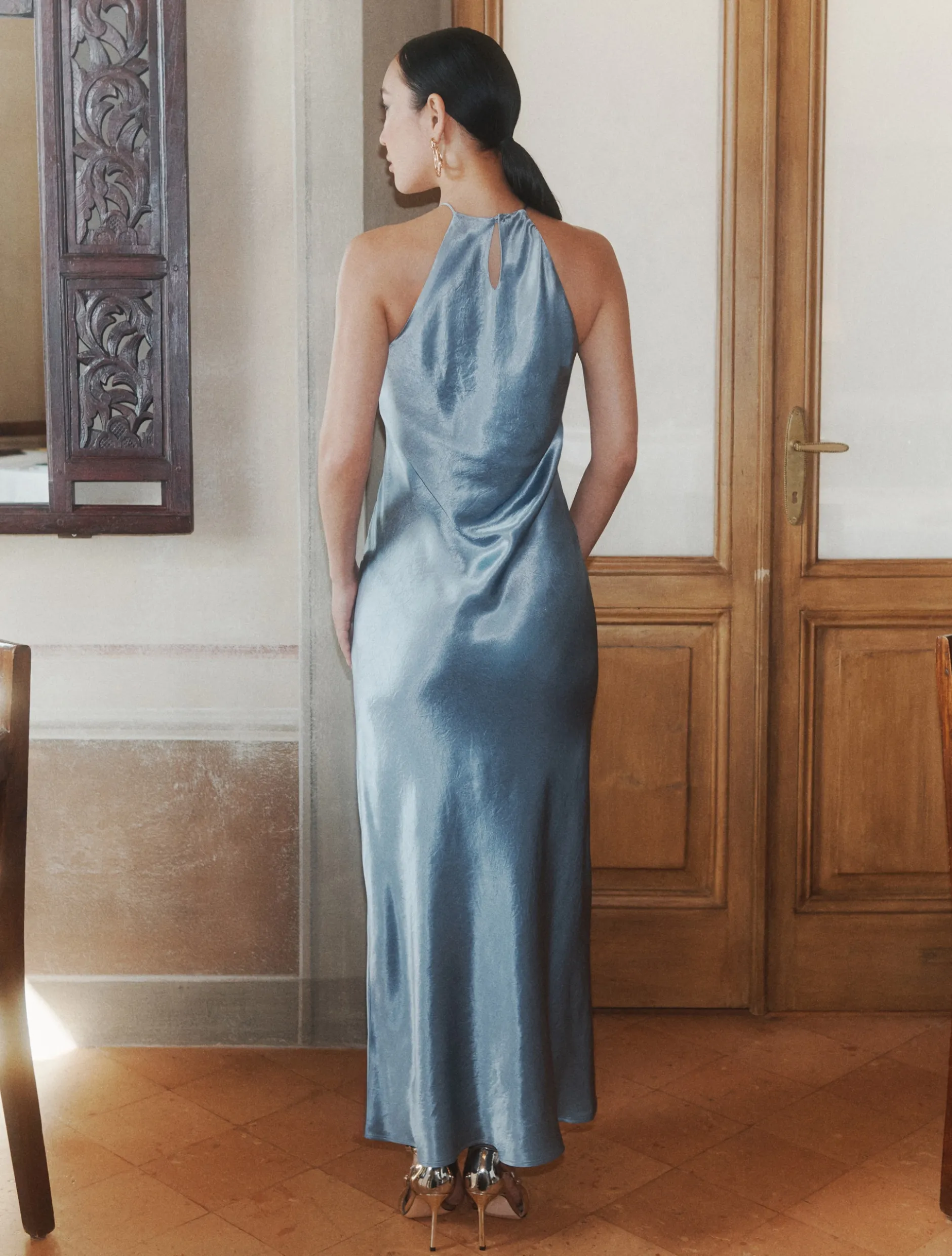 Abito smanicato in raso - AZZURRO POLVERE