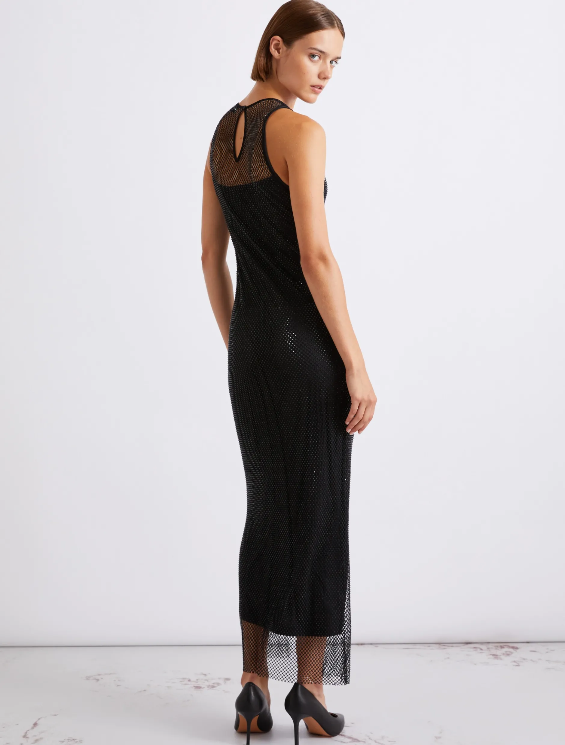 Abito smanicato in rete di strass - NERO