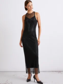 Abito smanicato in rete di strass - NERO