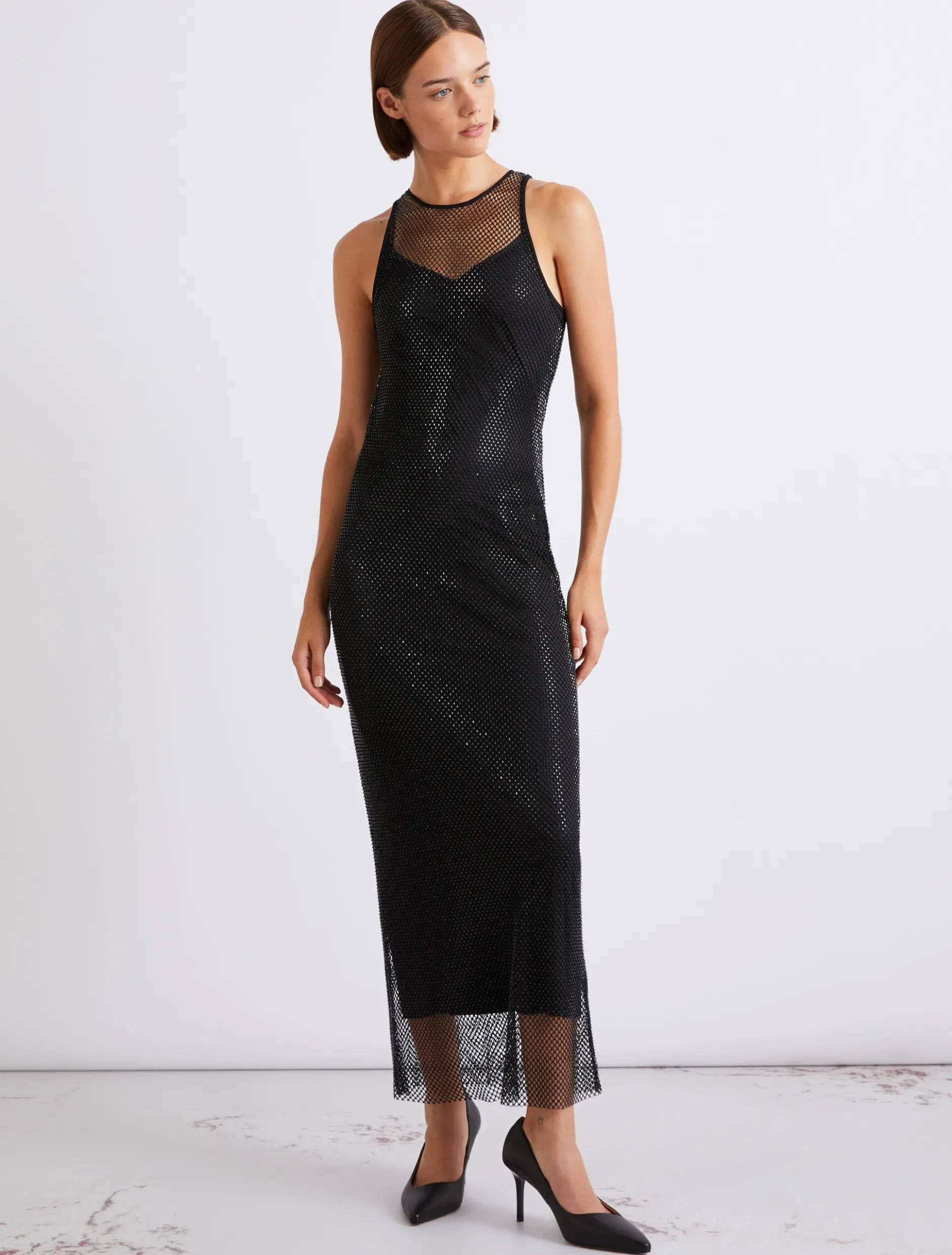 Abito smanicato in rete di strass - NERO