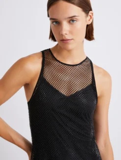 Abito smanicato in rete di strass - NERO