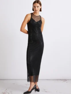Abito smanicato in rete di strass - NERO