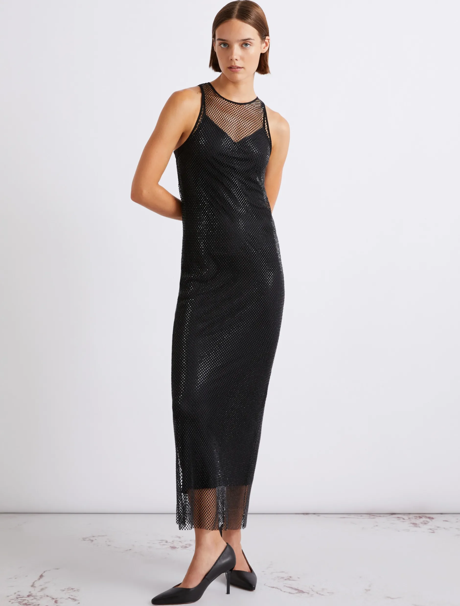 Abito smanicato in rete di strass - NERO