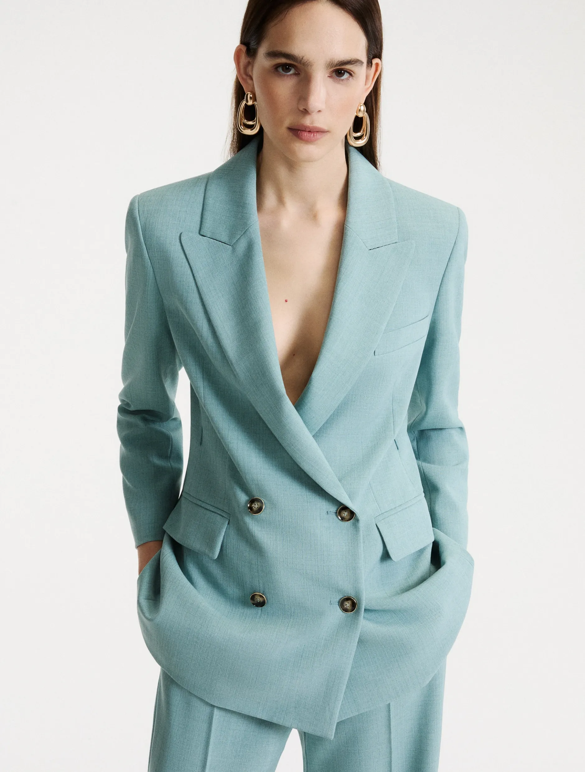 Blazer doppiopetto con cintura - VERDE ACQUA
