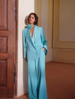 Blazer in envers satin con cintura - ACQUAMARINA