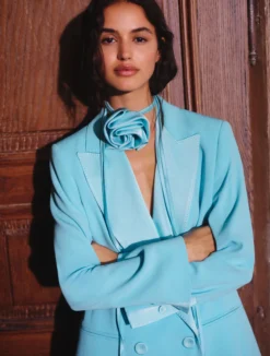 Blazer in envers satin con cintura - ACQUAMARINA
