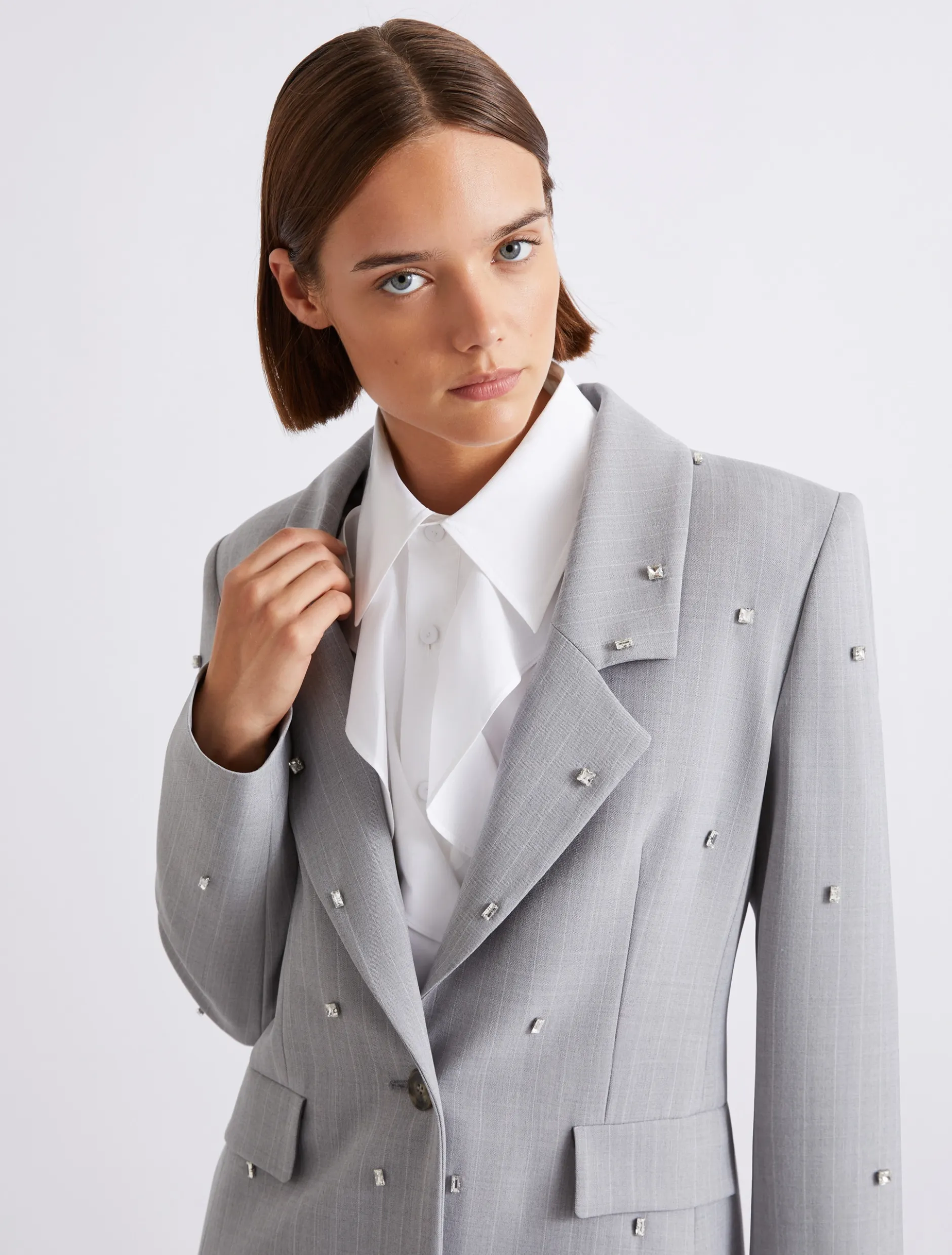 Blazer in tela stretch con cristalli - GRIGIO CHIARO MELANGE