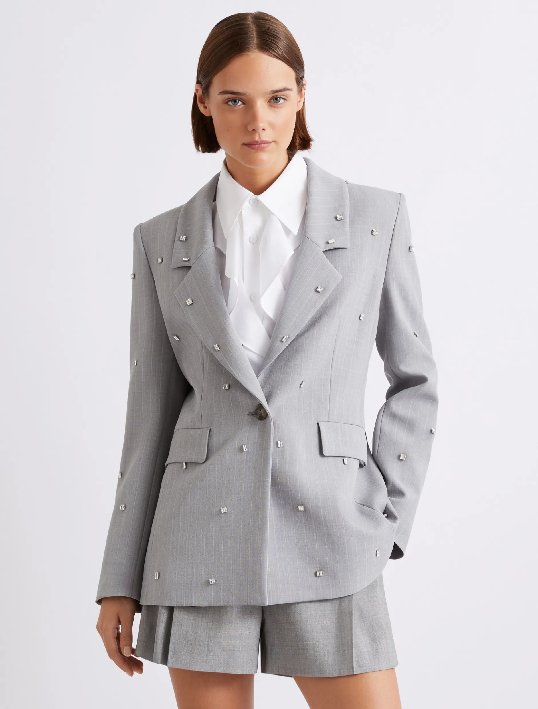 Blazer in tela stretch con cristalli - GRIGIO CHIARO MELANGE