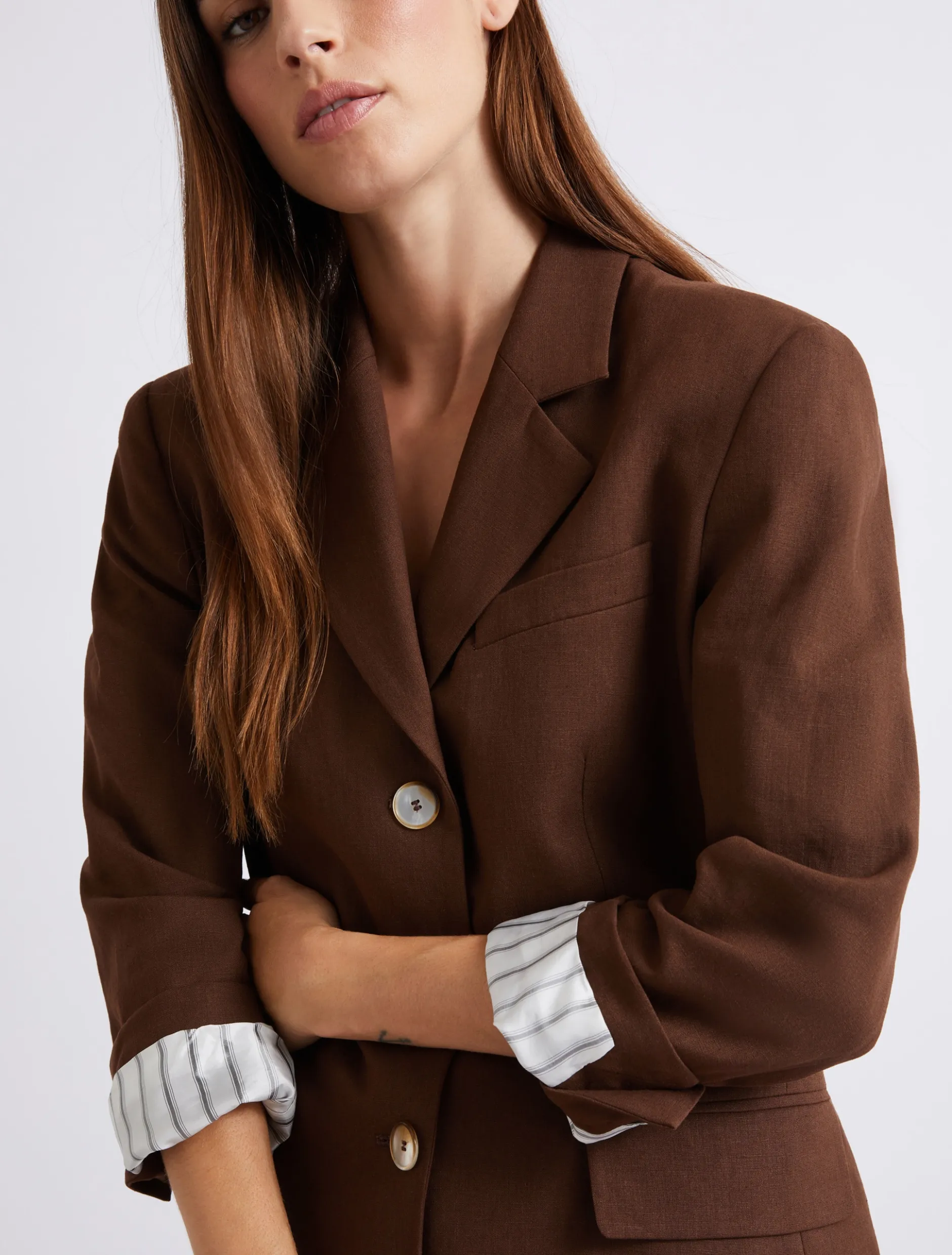 Blazer monopetto in misto lino - MARRONE