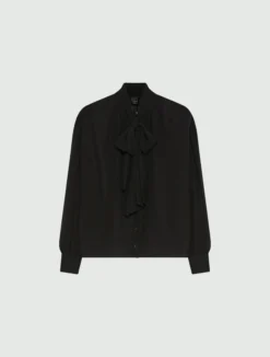 Blusa con nastro in georgette crêpe - NERO