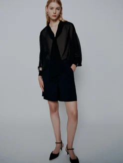Blusa con nastro in georgette crêpe - NERO