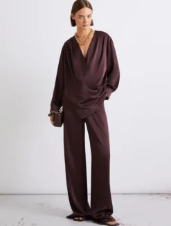 Blusa incrociata in satin - BORDEAUX