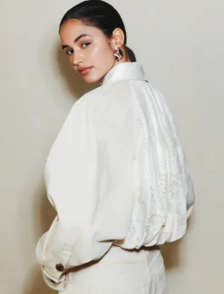 Bomber cropped in cotone stretch - BIANCO LANA