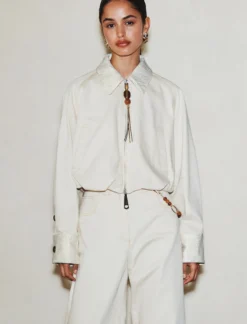 Bomber cropped in cotone stretch - BIANCO LANA