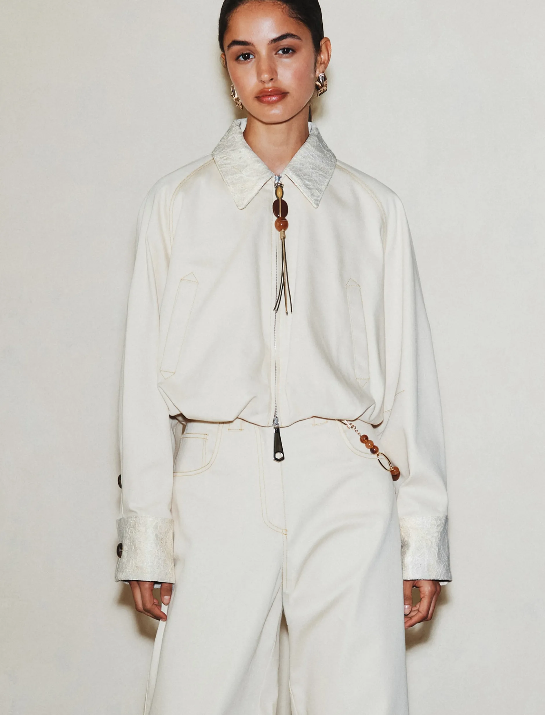 Bomber cropped in cotone stretch - BIANCO LANA