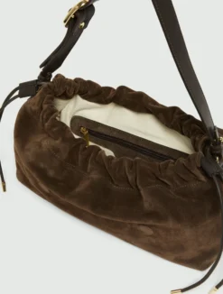 Borsa in pelle scamosciata con coulisse - TESTA DI MORO