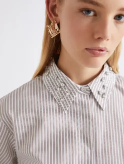 Camicia in cotone con cristalli - MARRONE