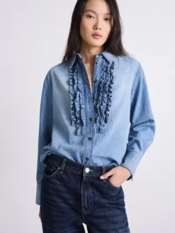 Camicia in denim con rouche - AZZURRO POLVERE