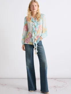 Camicia in georgette con rouche - TURCHESE