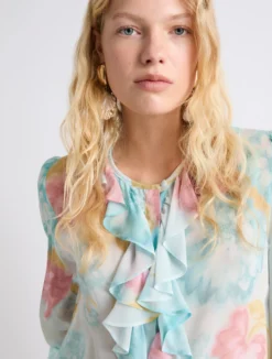 Camicia in georgette con rouche - TURCHESE