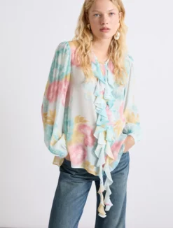 Camicia in georgette con rouche - TURCHESE