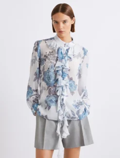 Camicia in georgette con rouche - AZZURRO