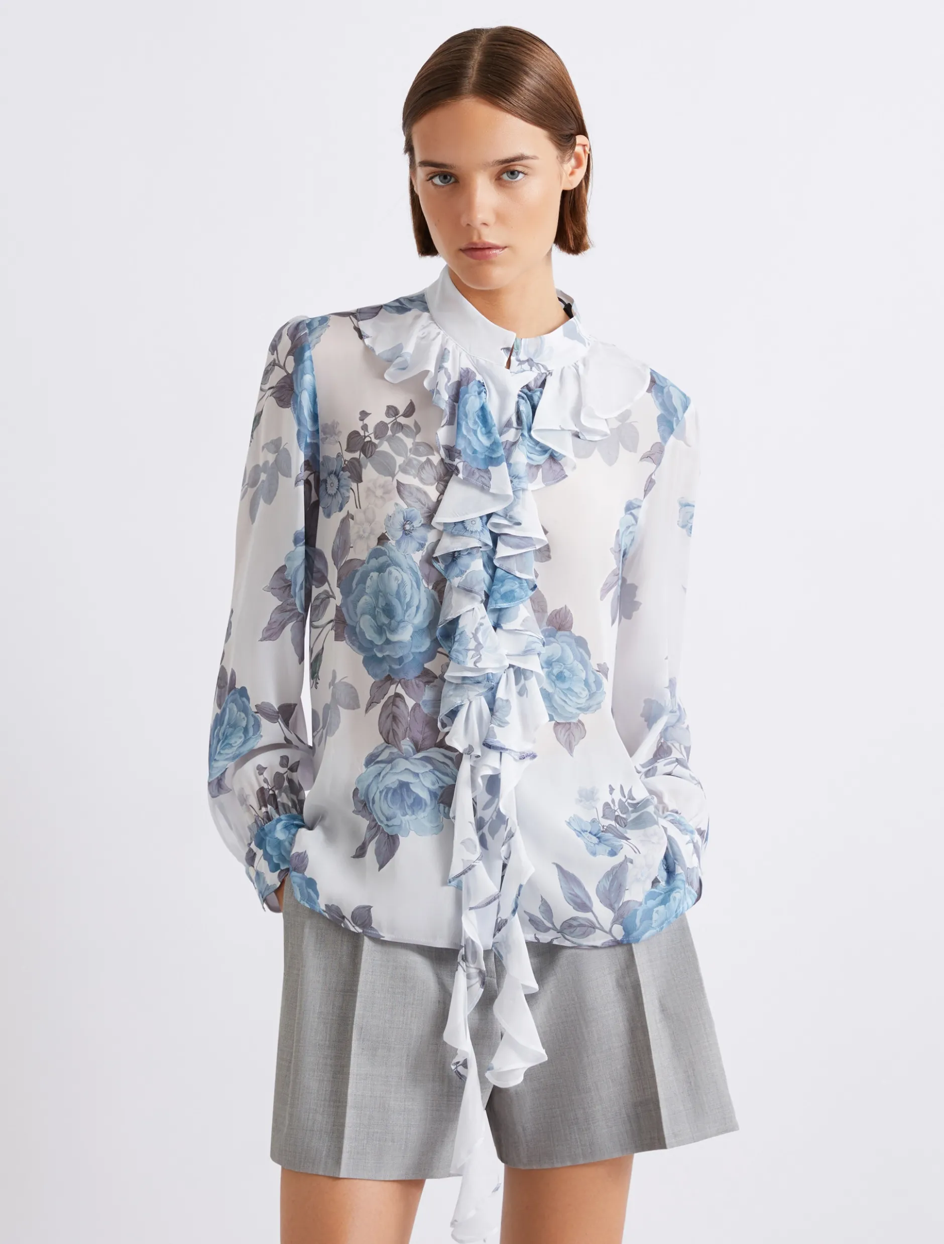 Camicia in georgette con rouche - AZZURRO