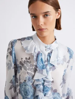 Camicia in georgette con rouche - AZZURRO
