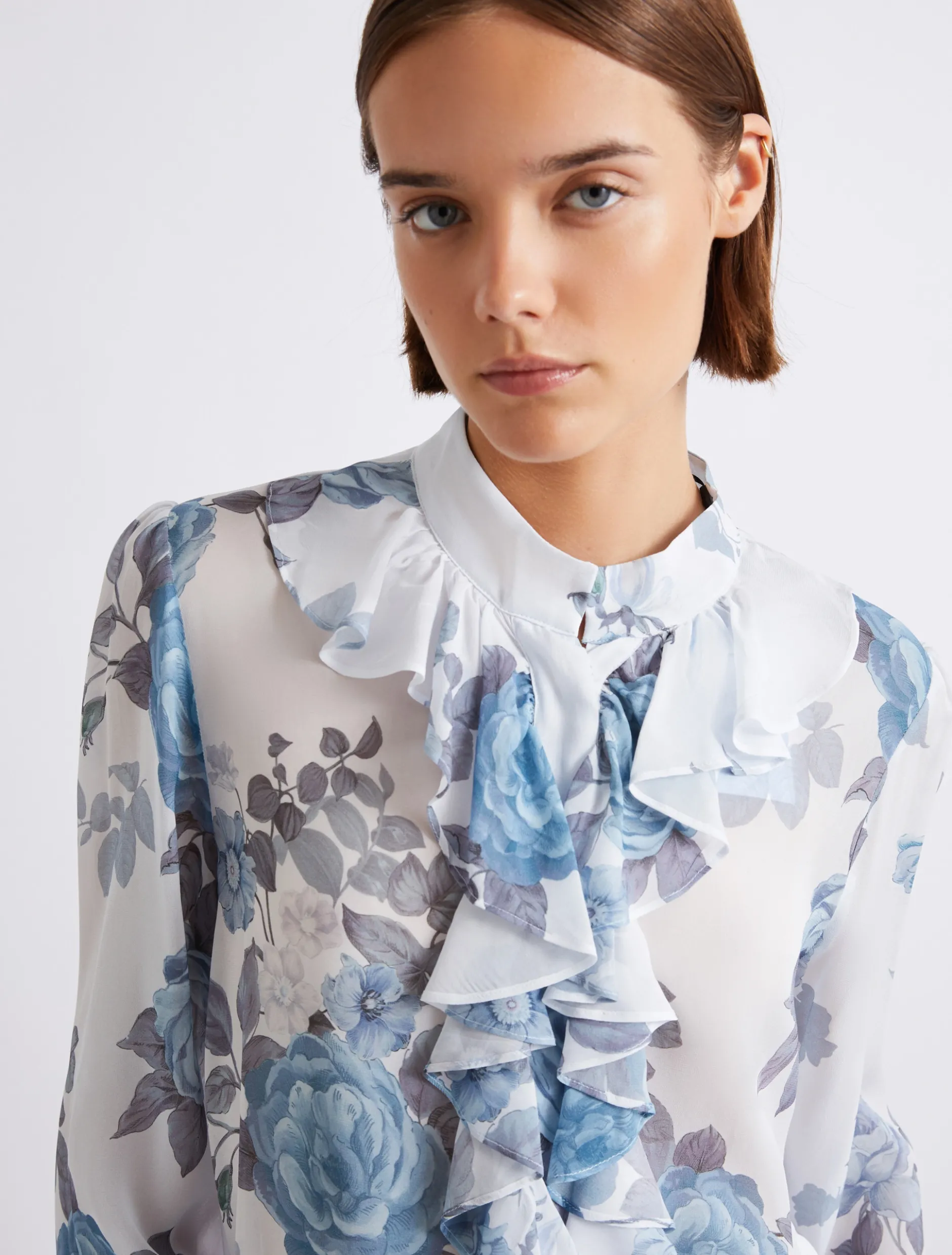 Camicia in georgette con rouche - AZZURRO