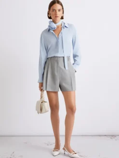 Camicia in misto seta con fusciacca a fiore - AZZURRO