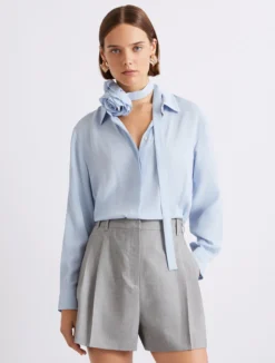 Camicia in misto seta con fusciacca a fiore - AZZURRO
