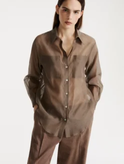 Camicia in mussola di cotone e seta organzata - MARRONE